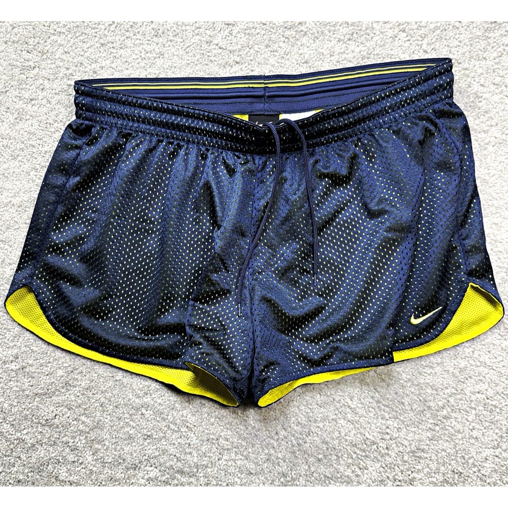 Nike Dri-FIT Mesh Athletic Shorts Womens Large Navy Blue Yellow Drawstring Gym